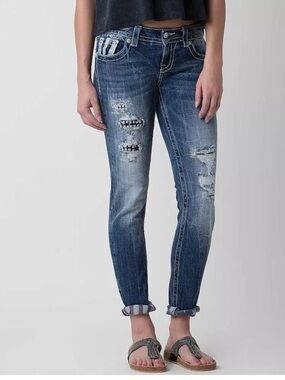Miss Me jeans Blue Distressed cuffed skinny Leg denim embellished NEW 27 stretch